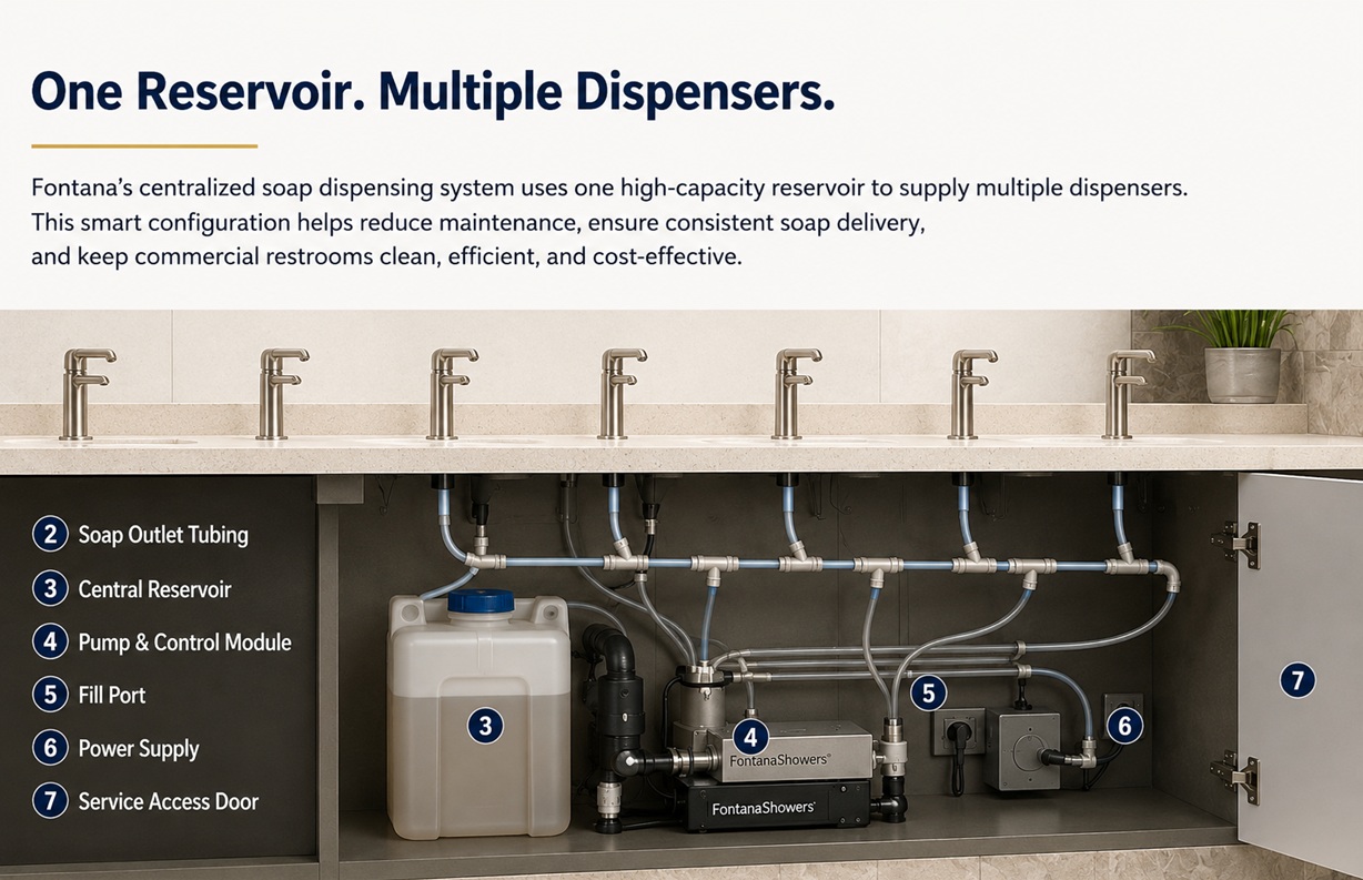 Fontana centralized Multifeed soap system with one reservoir supplying multiple automatic dispensers through organized tubing, pump, and service connections